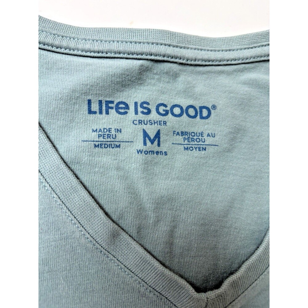 Life Is Good T Shirt Women's M ~ V Neck Short Sleeve Crusher Pooh Lt Cadet Blue - Picture 2 of 6